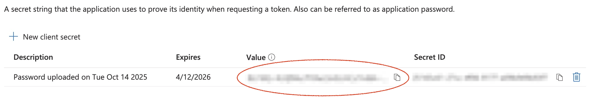 screenshot of Entra client secret
