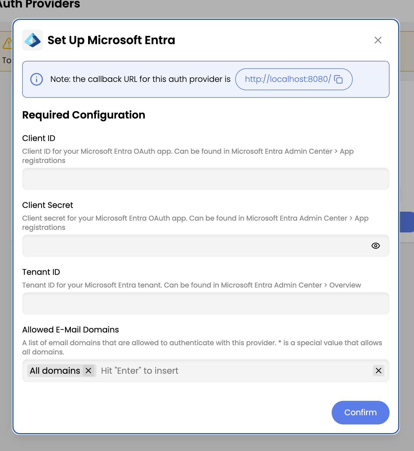 screenshot of setup entra